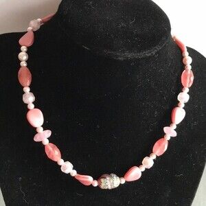 Vintage Handmade Pink Foil Beads Swarovski Pearls Quartz Sterling Clasp Necklace
